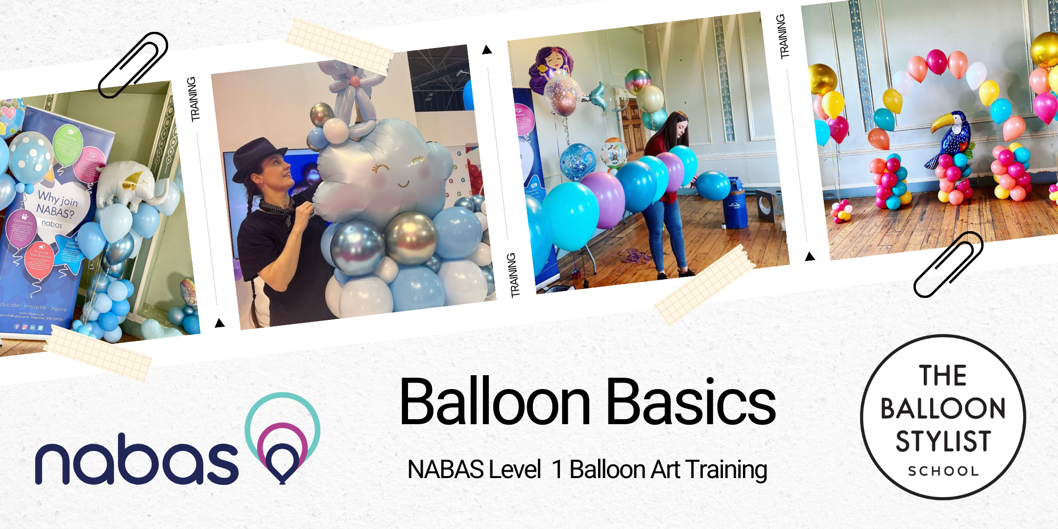 NABAS Balloon Basics training course with students learning balloon decoration techniques