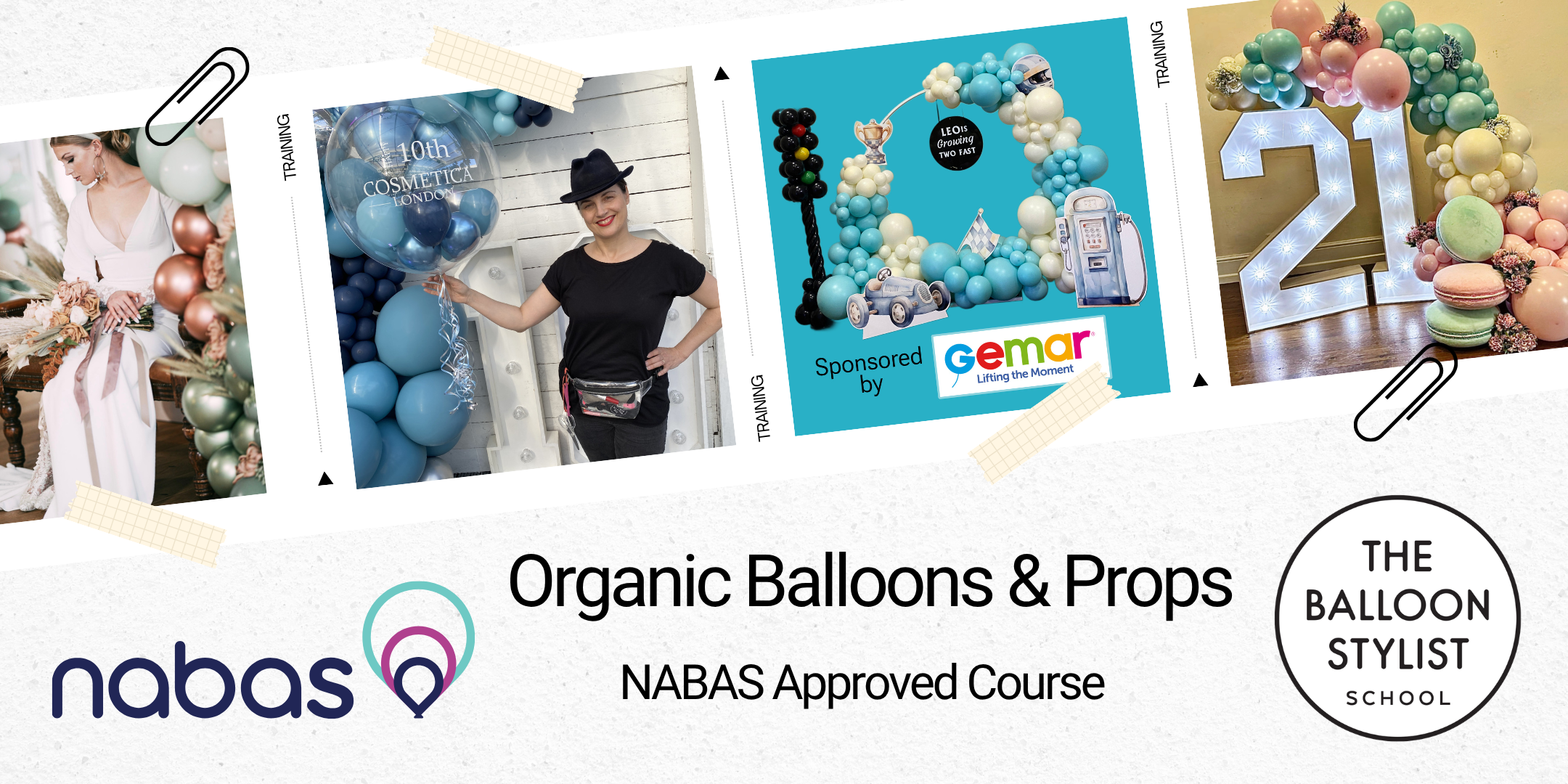 Fiona Eagle with organic balloon garlands, clear balloons and prop styling examples from the NABAS Approved Organic Balloons & Props course, London.
