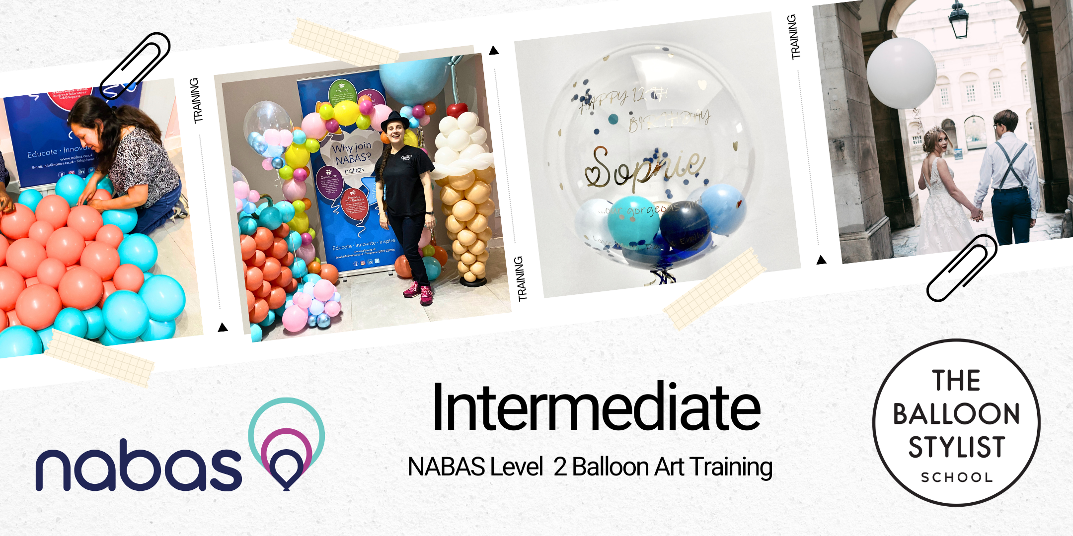 Fiona Eagle teaching NABAS Level 2 balloon art training in London, with colourful balloon installations and clear balloon designs.