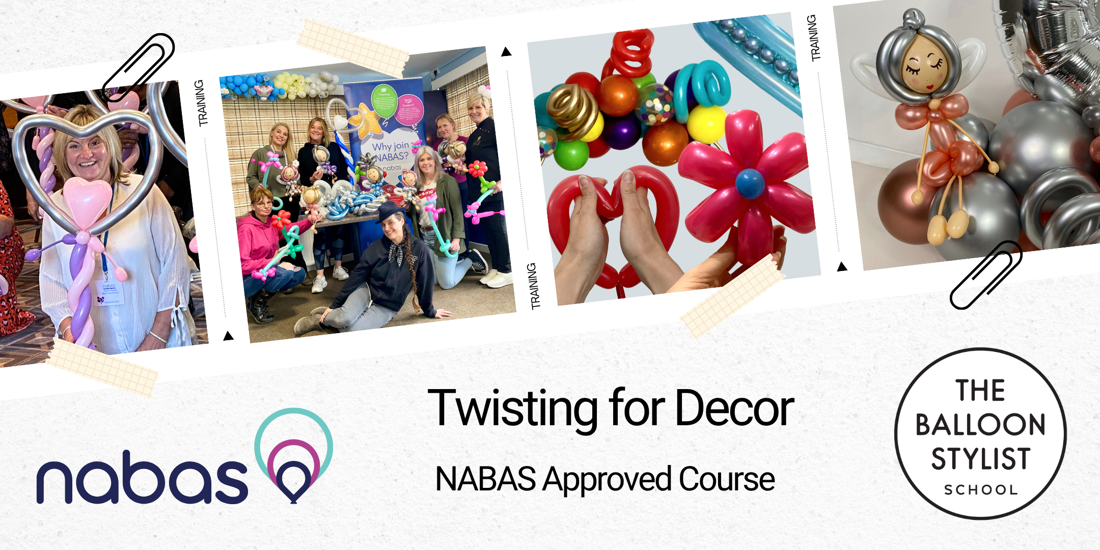 Balloon twisting for decor course showing students creating flowers, figures and sculptural twisted balloon designs with Fiona Eagle, London.